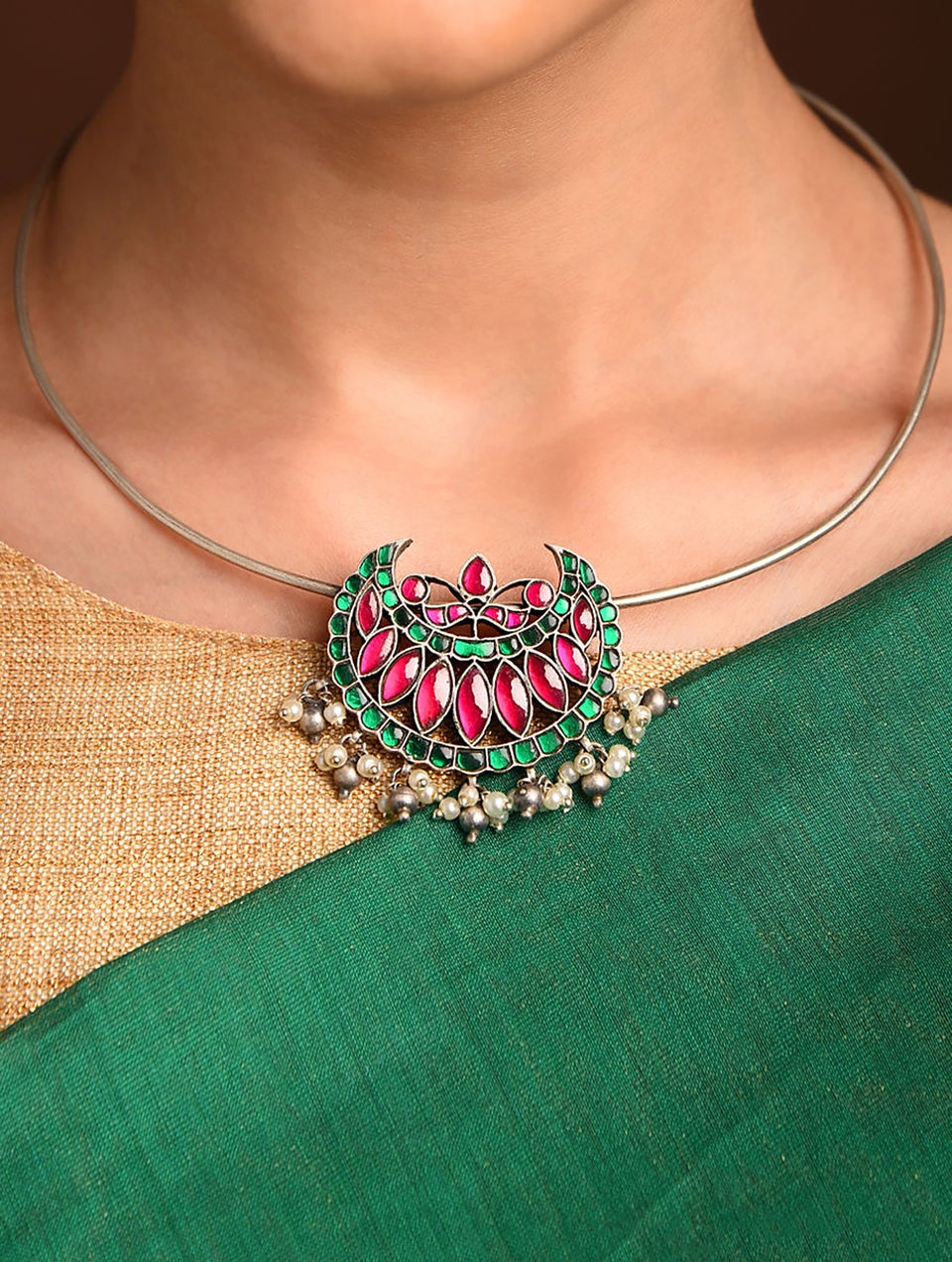 Women Pink Green Silver Necklace With Kempstone