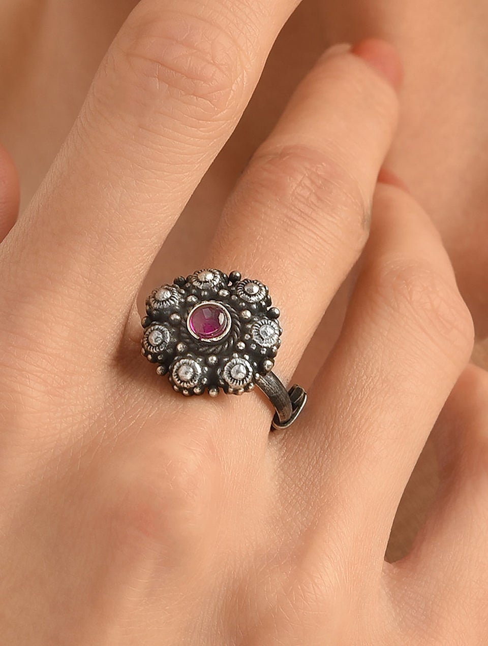 Women Kempstone Encrusted Silver Adjustable Ring