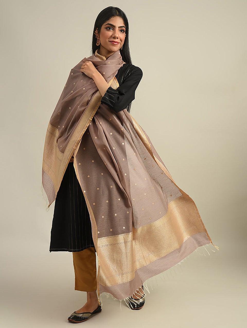 Women Grey Benarasi Handwoven Cotton Silk Dupatta With Zari