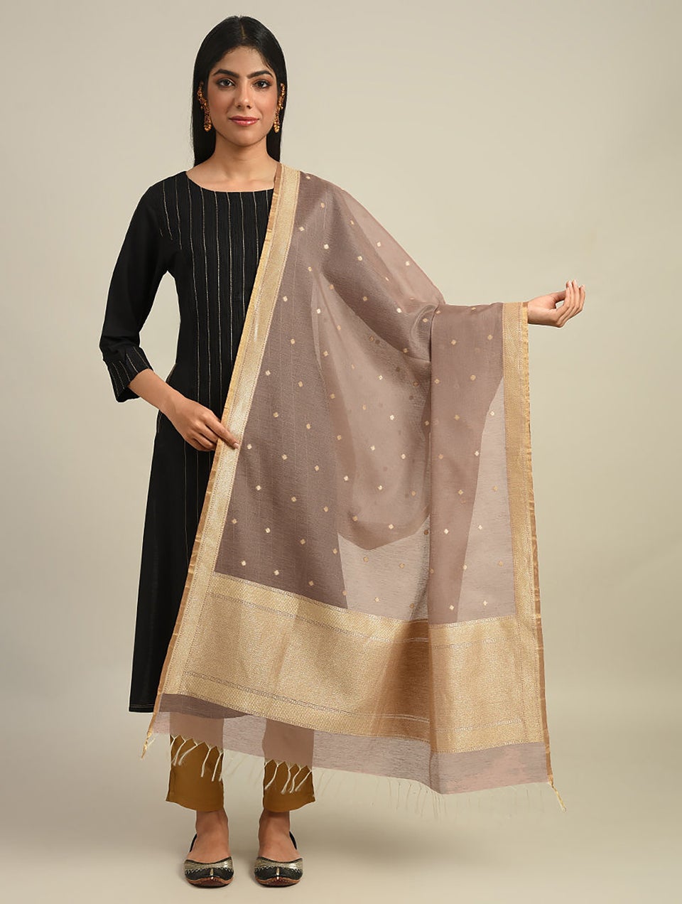 Women Grey Benarasi Handwoven Cotton Silk Dupatta With Zari