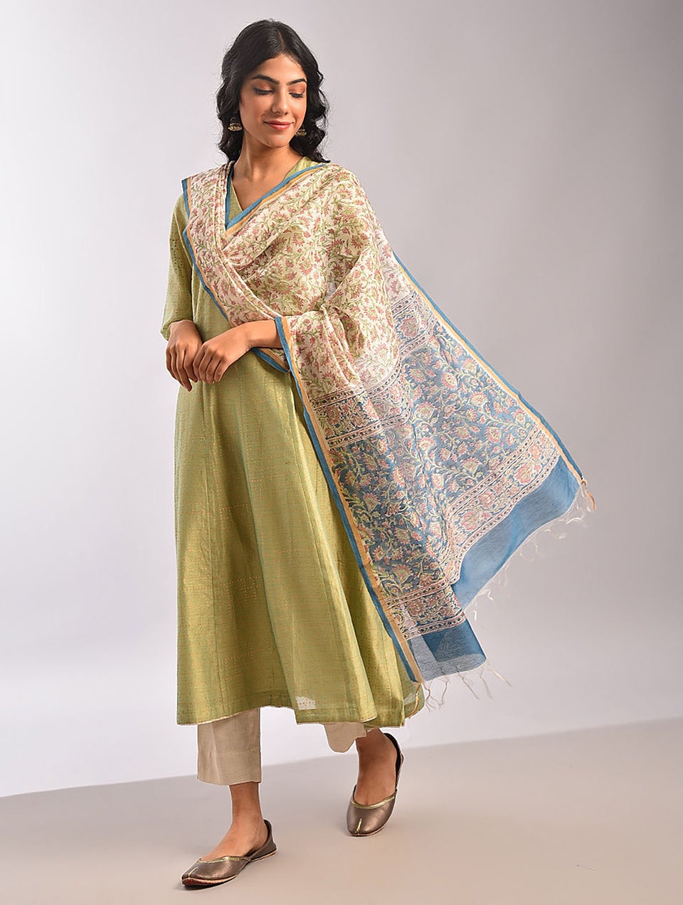 Women Off White - Blue Block Printed Silk Cotton Dupatta