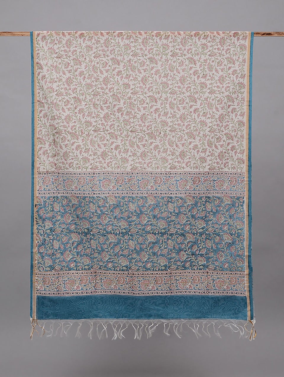 Women Off White - Blue Block Printed Silk Cotton Dupatta