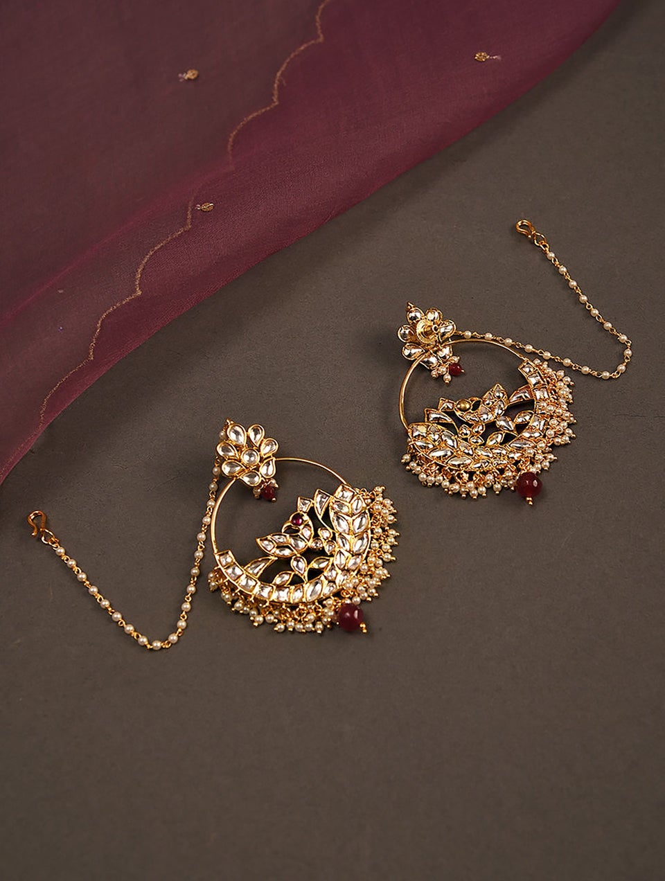 Women Red Gold Tone Foiled Kundan Earrings