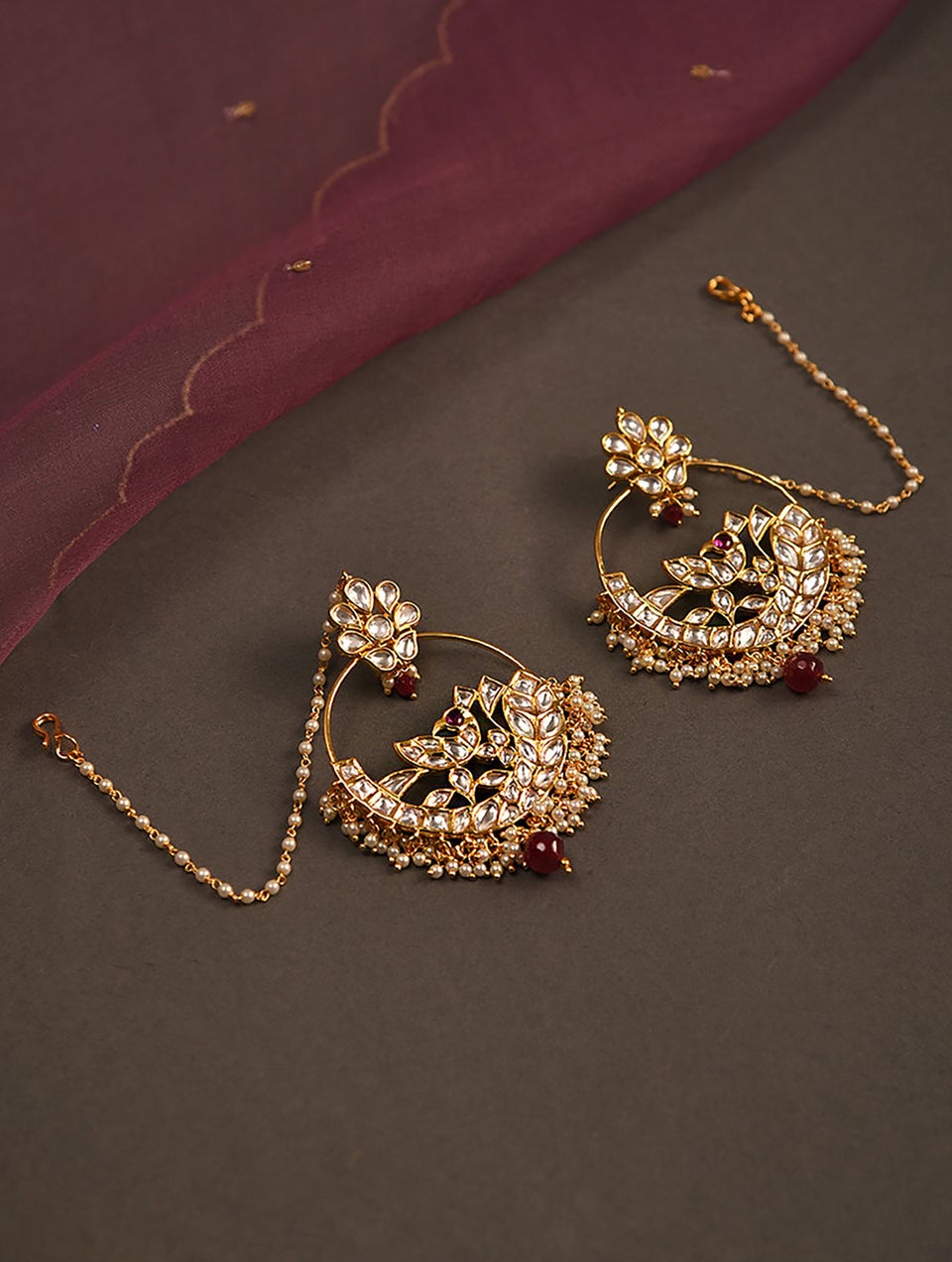 Women Red Gold Tone Foiled Kundan Earrings