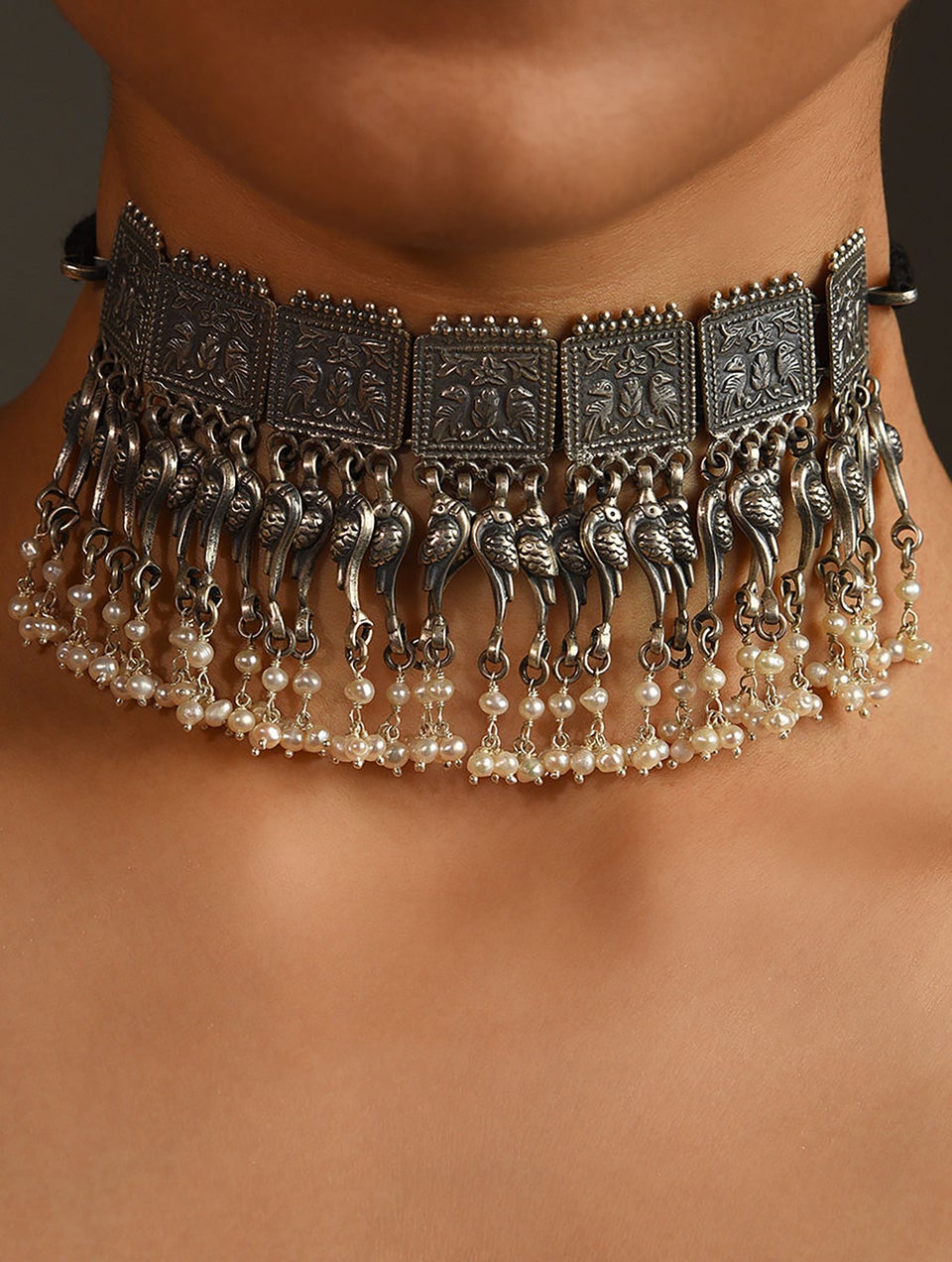Women Tribal Silver Choker Necklace With Freshwater Pearls