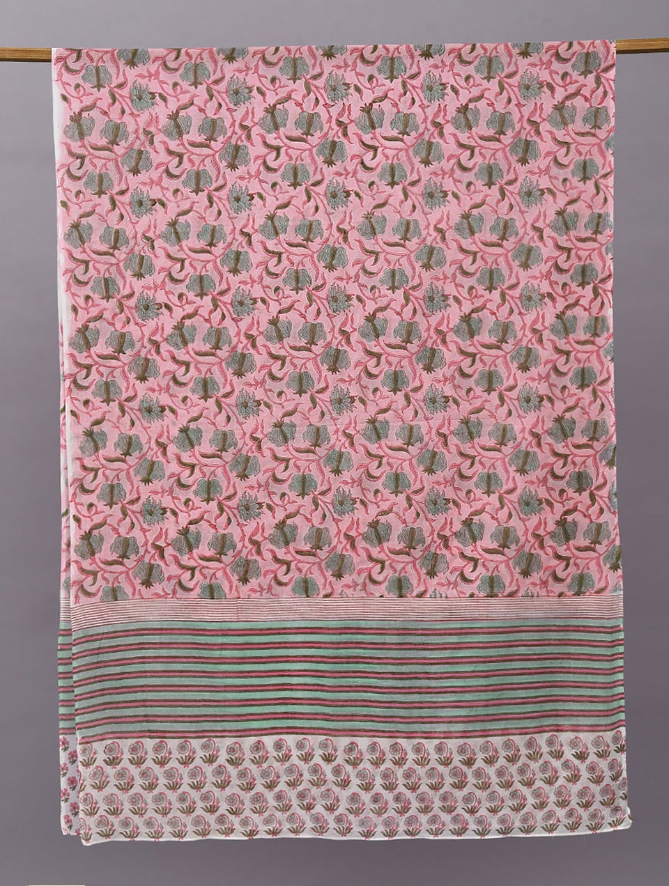 Pink-Blue Block Printed Cotton Dupatta