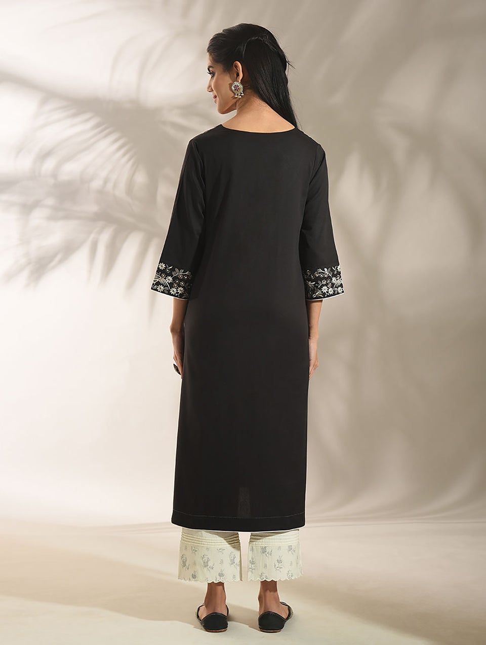 Women Black Embroidered Cotton Kurta - XS