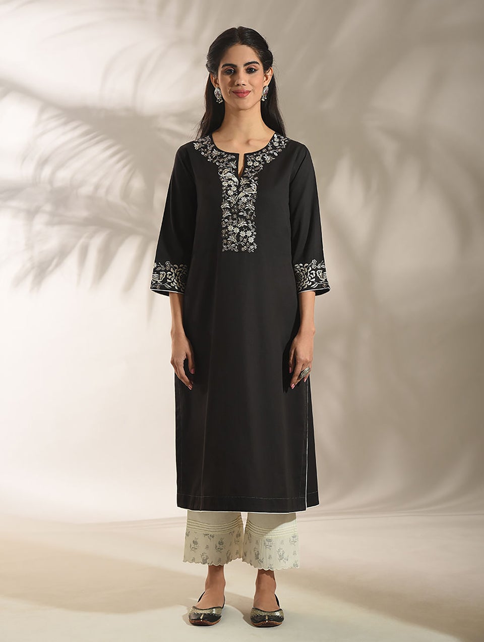 Women Black Embroidered Cotton Kurta - XS