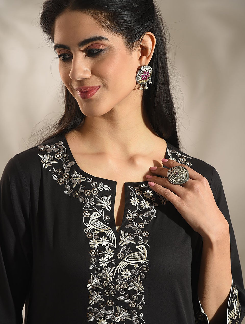 Women Black Embroidered Cotton Kurta - XS