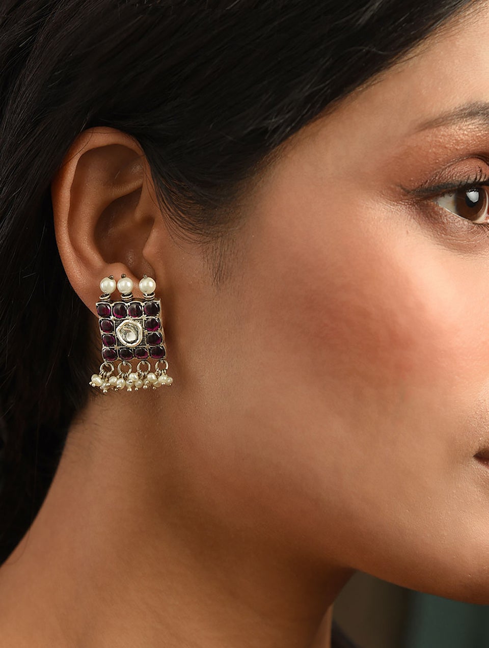 Women Pink Kempstone Encrusted Silver Earrings