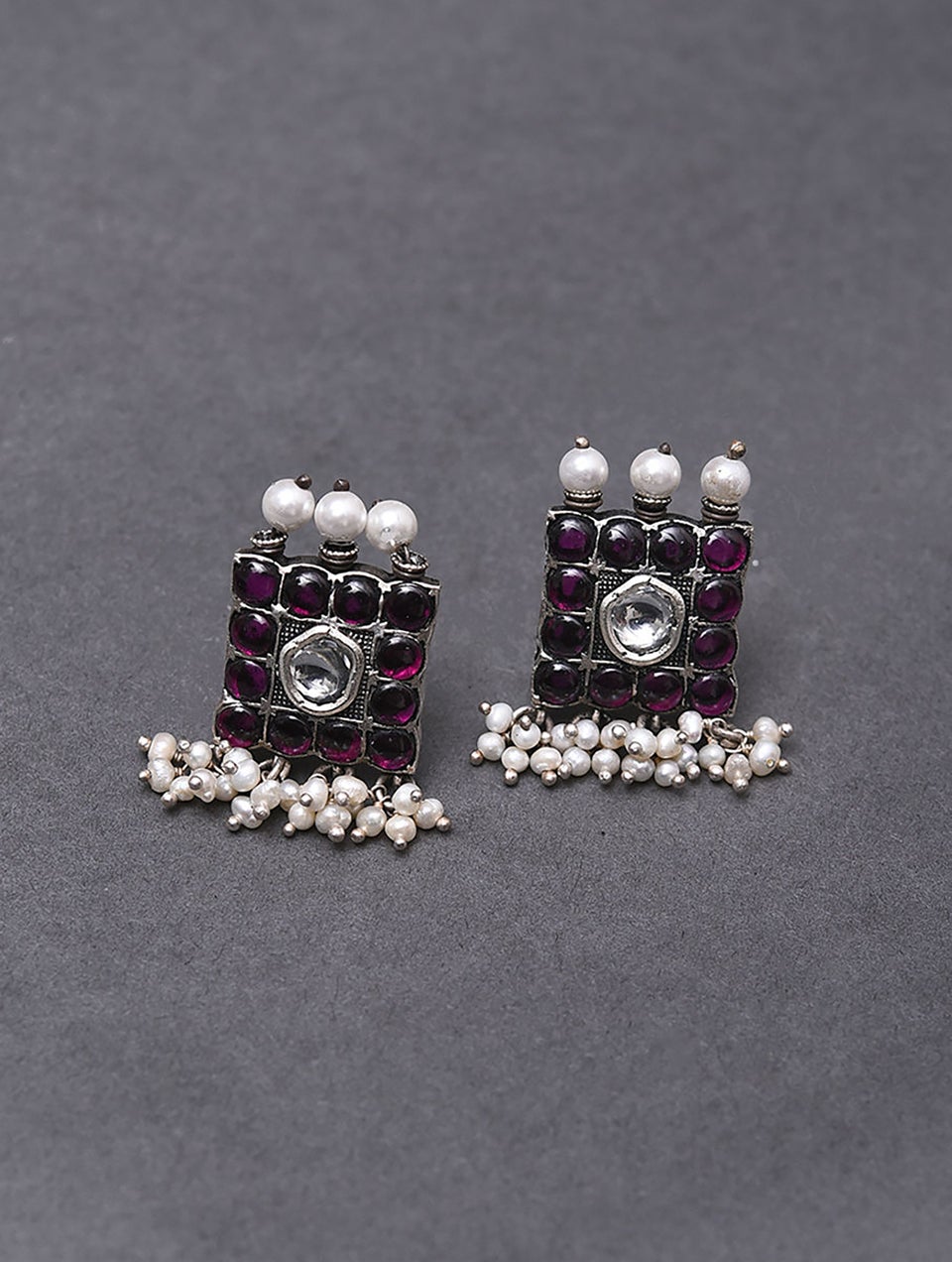 Women Pink Kempstone Encrusted Silver Earrings