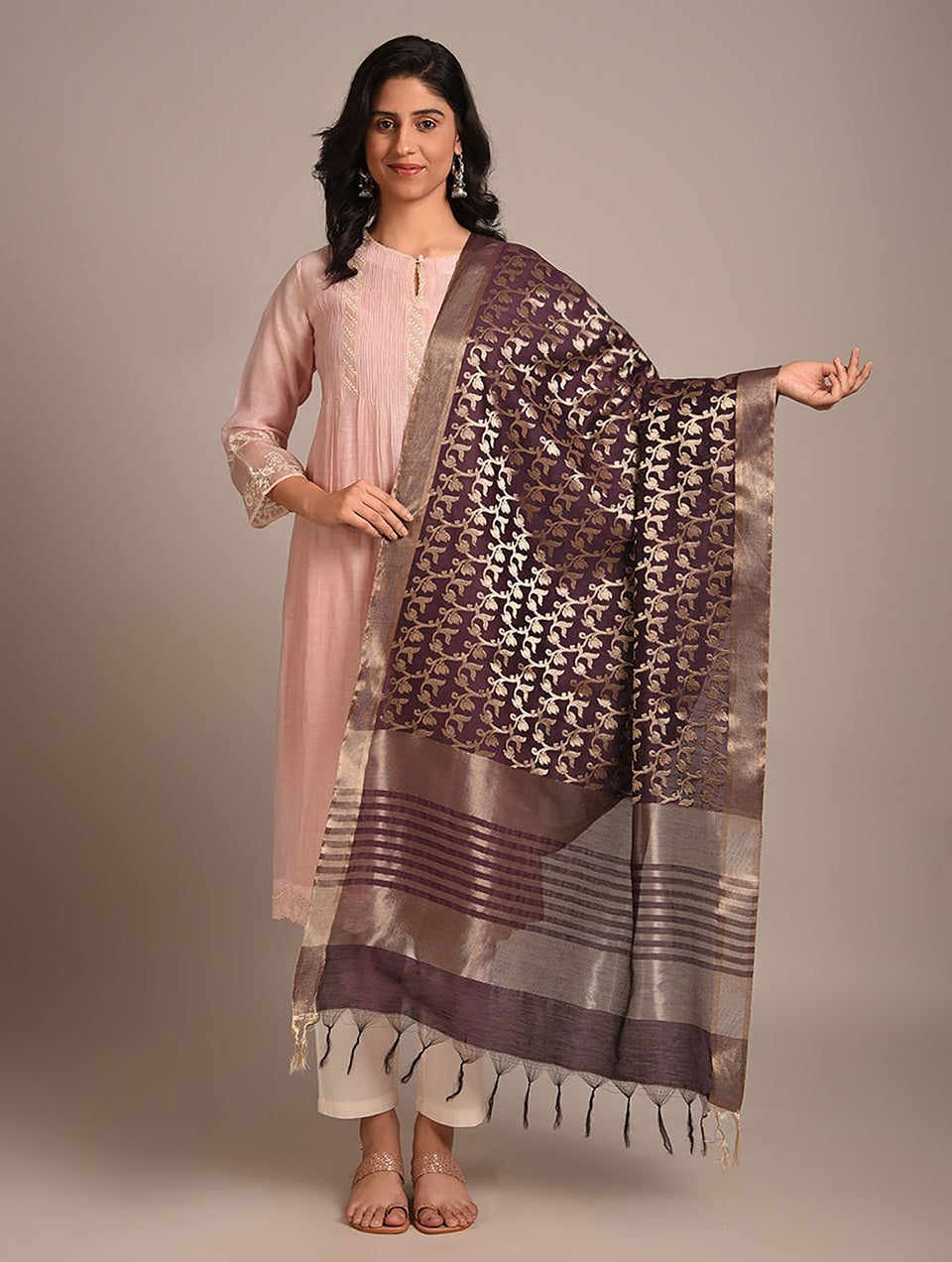 Women Purple Benarasi Handwoven Cotton Dupatta With Cutwork