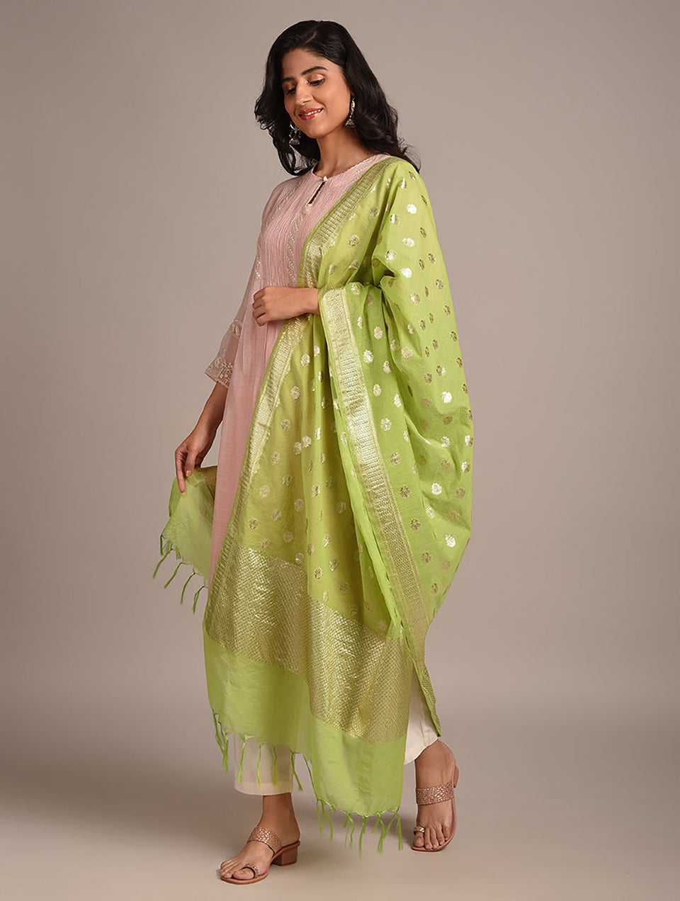 Women Green Benarasi Handwoven Silk Cotton Dupatta With Zari