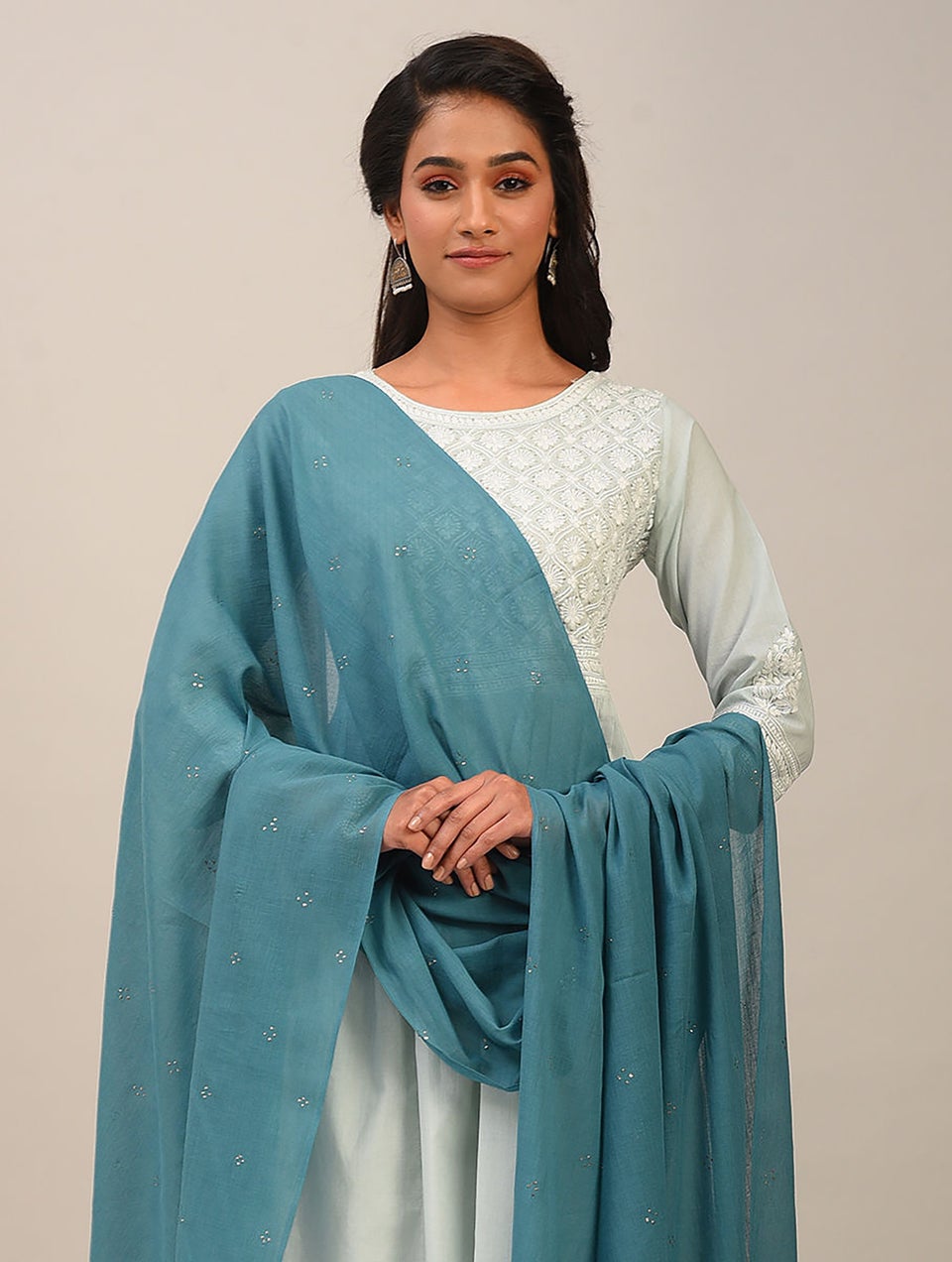 Women Blue Handloom Cotton Dupatta With Mukaish