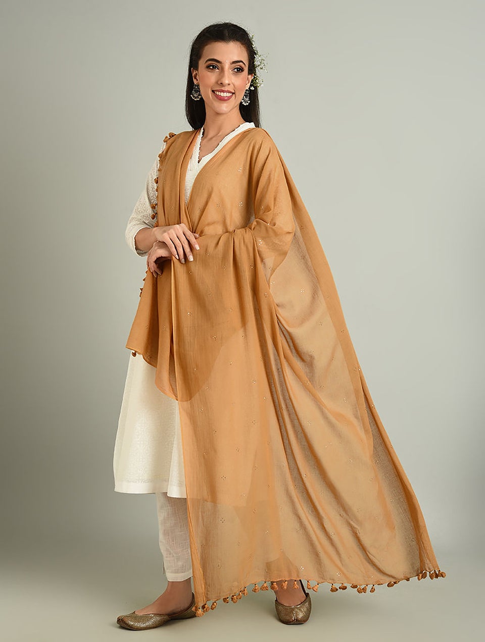 Women Brown Handloom Cotton Dupatta With Mukaish