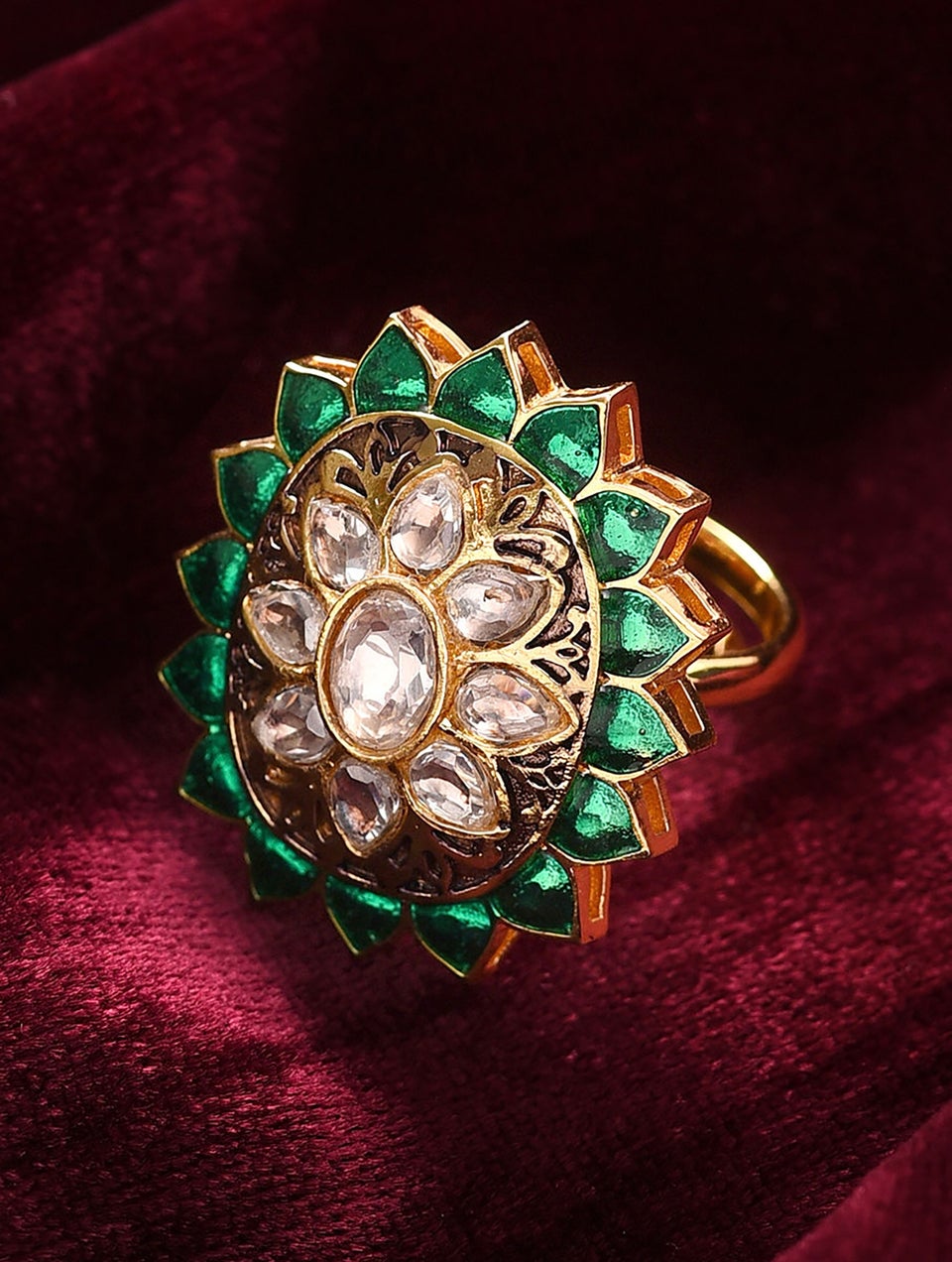 Green Gold Tone Kundan Ring