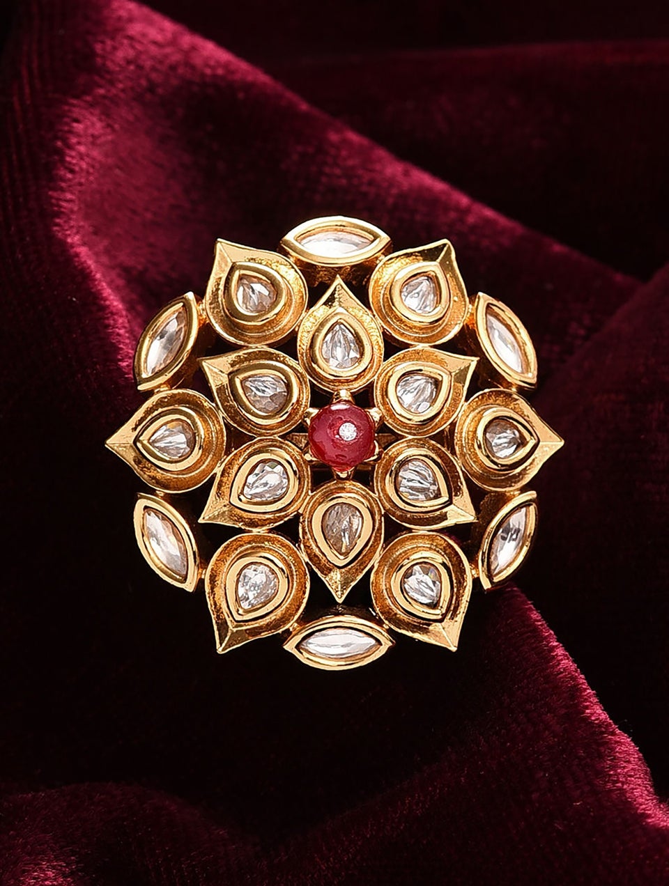 Women Red Gold Tone Kundan Ring