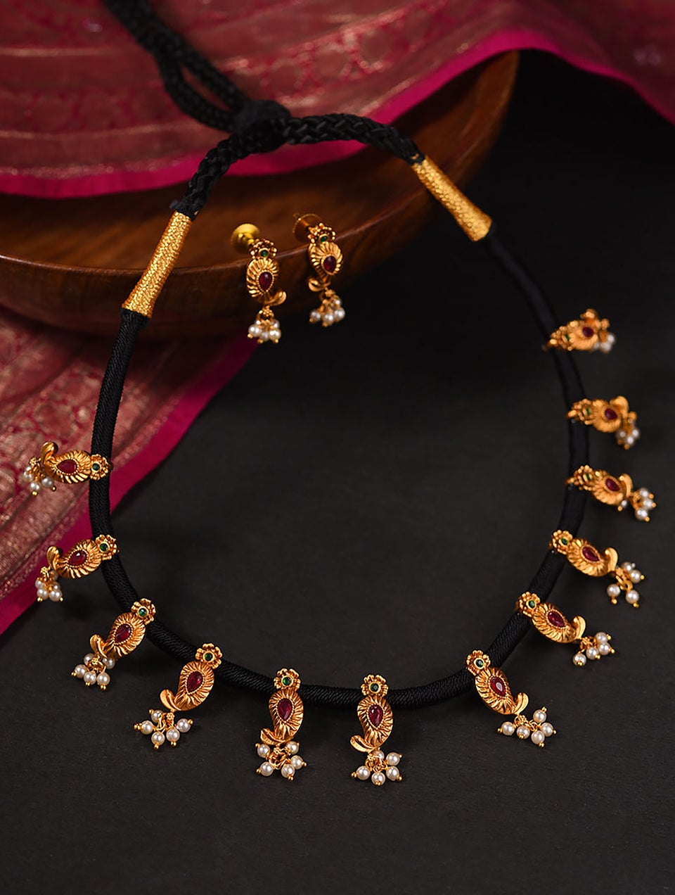 Women Red Gold Tone Temple Necklace Set