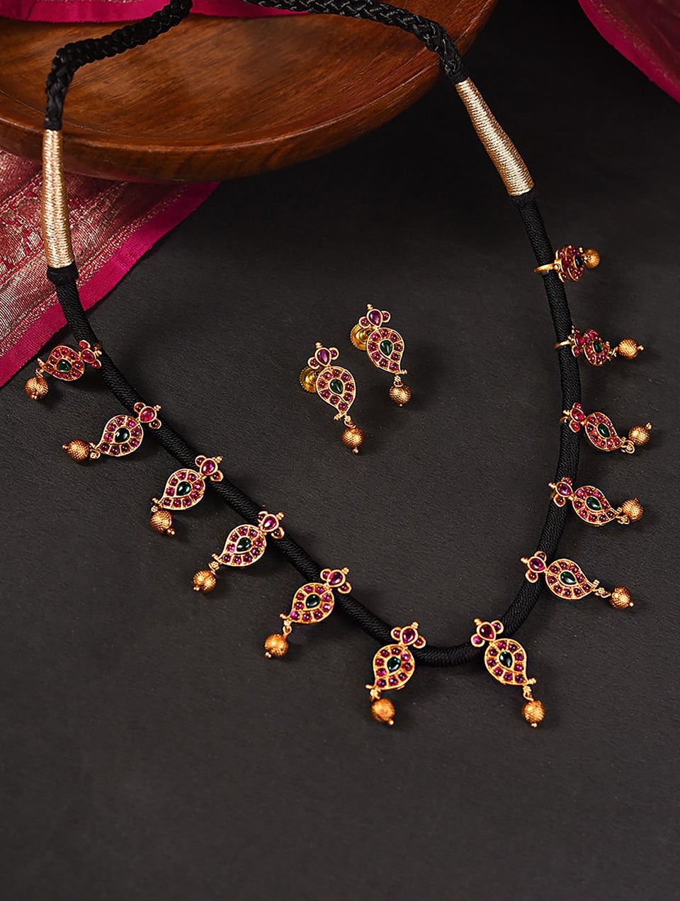 Women Red Gold Tone Temple Necklace Set