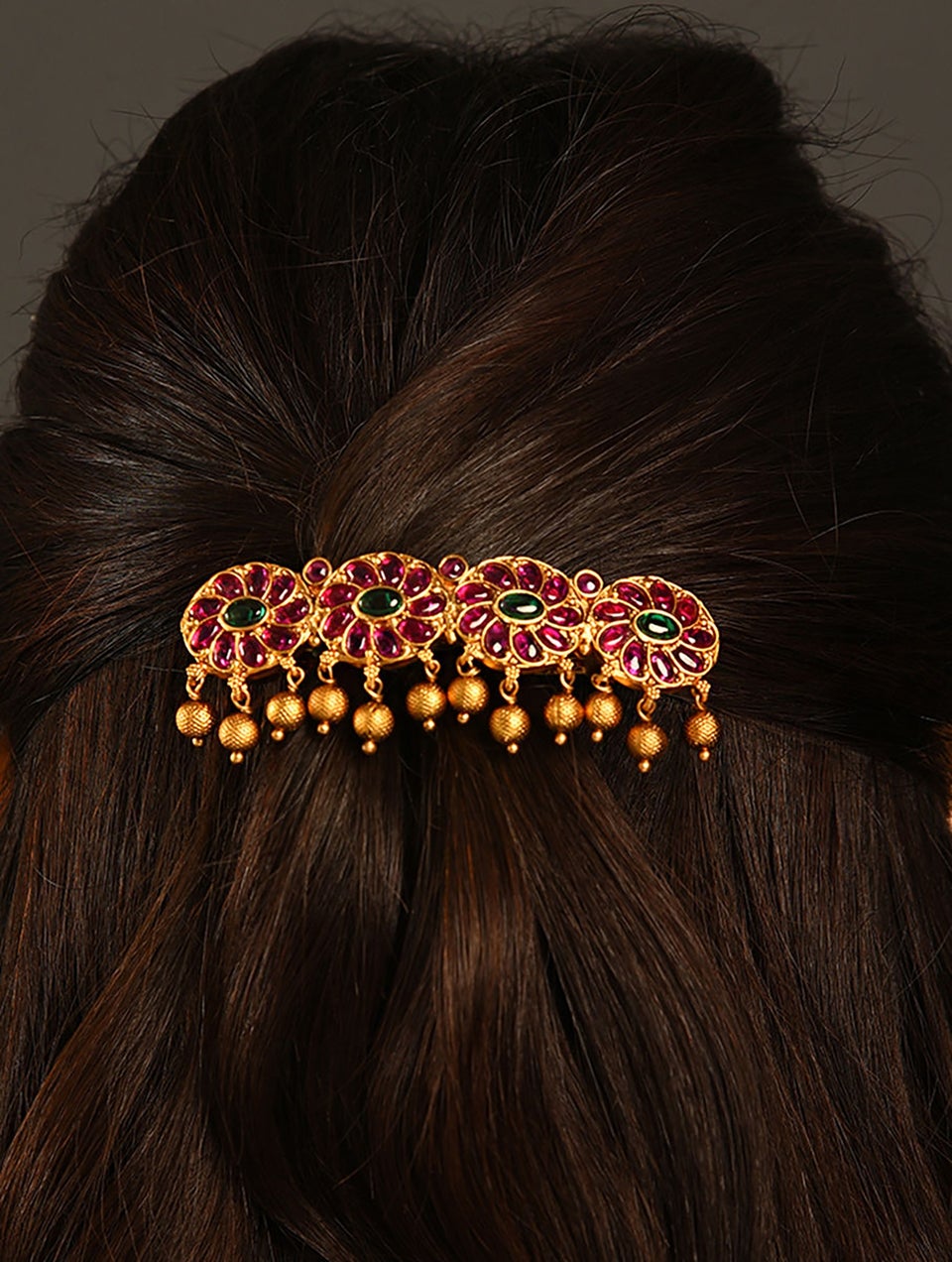 Women Red Gold Tone Temple Hair Clip With Pearls