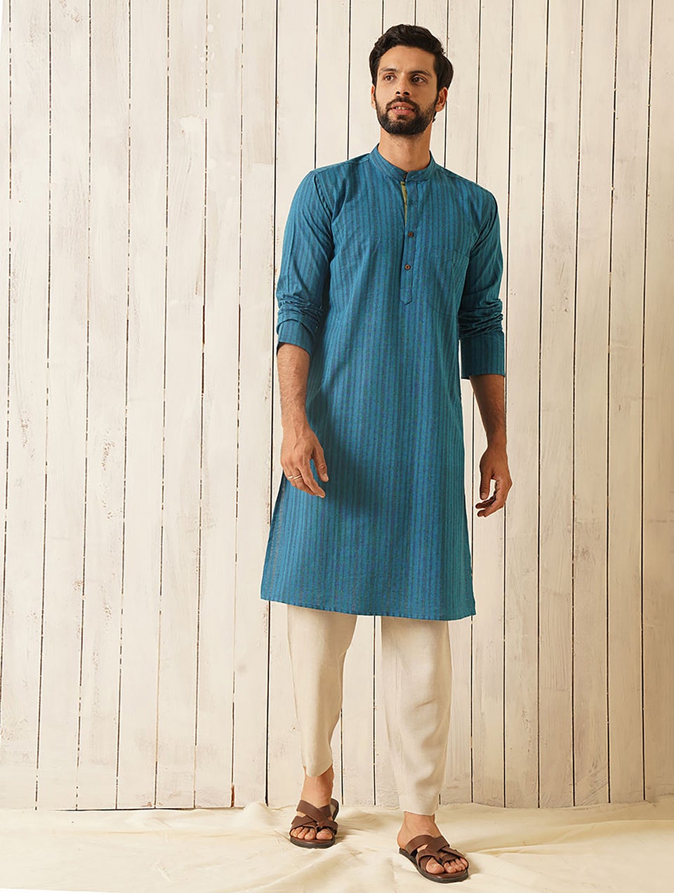 Men Teal Blue Cotton Mandarin Collar Regular Fit Kurta - 38