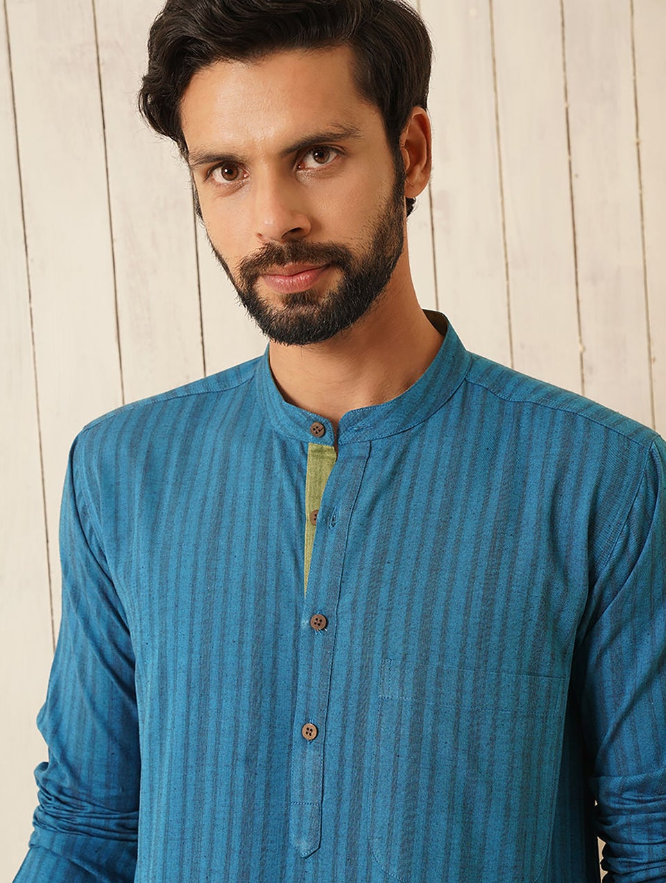 Men Teal Blue Cotton Mandarin Collar Regular Fit Kurta - 38