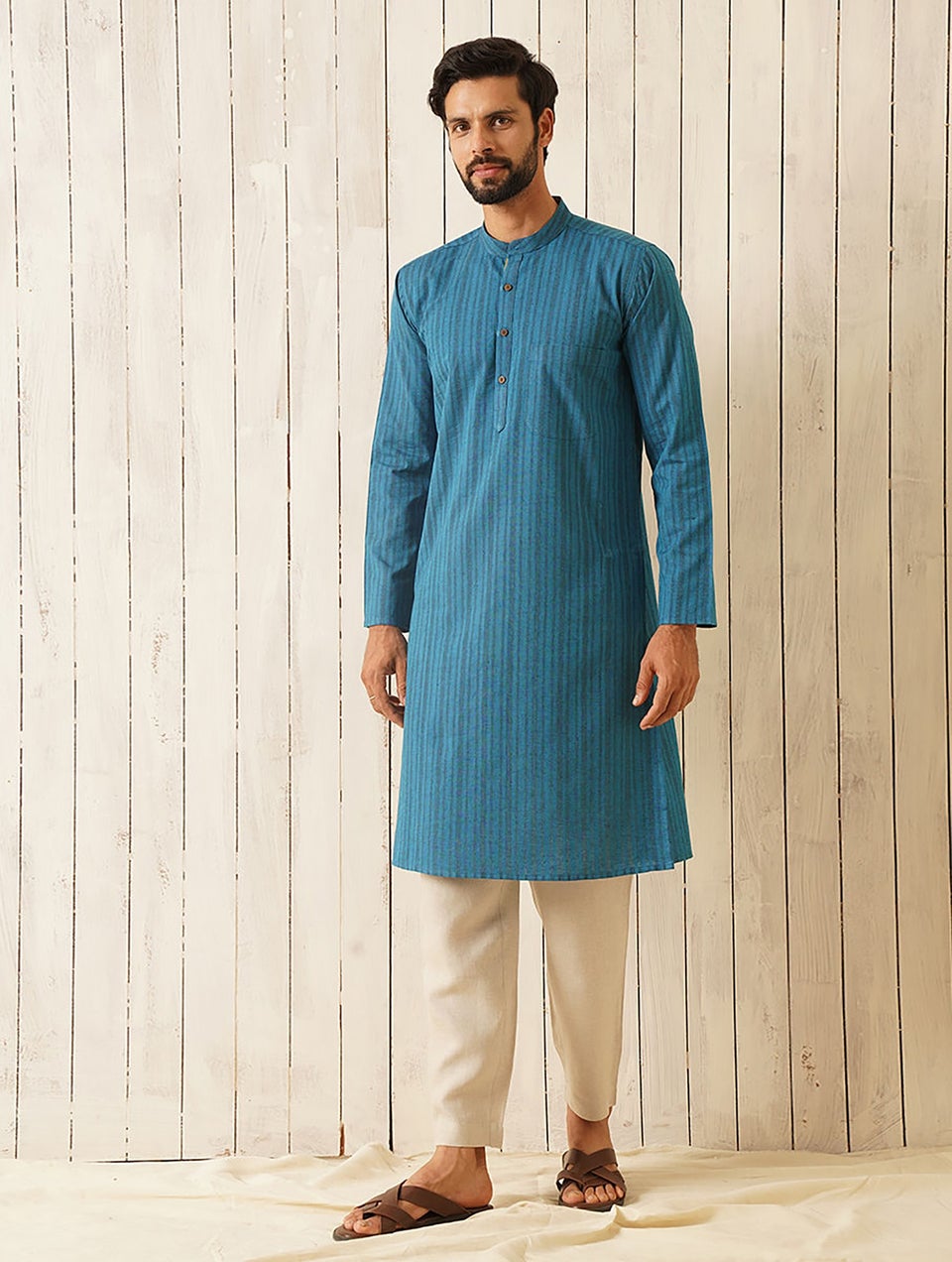 Men Teal Blue Cotton Mandarin Collar Regular Fit Kurta - 38