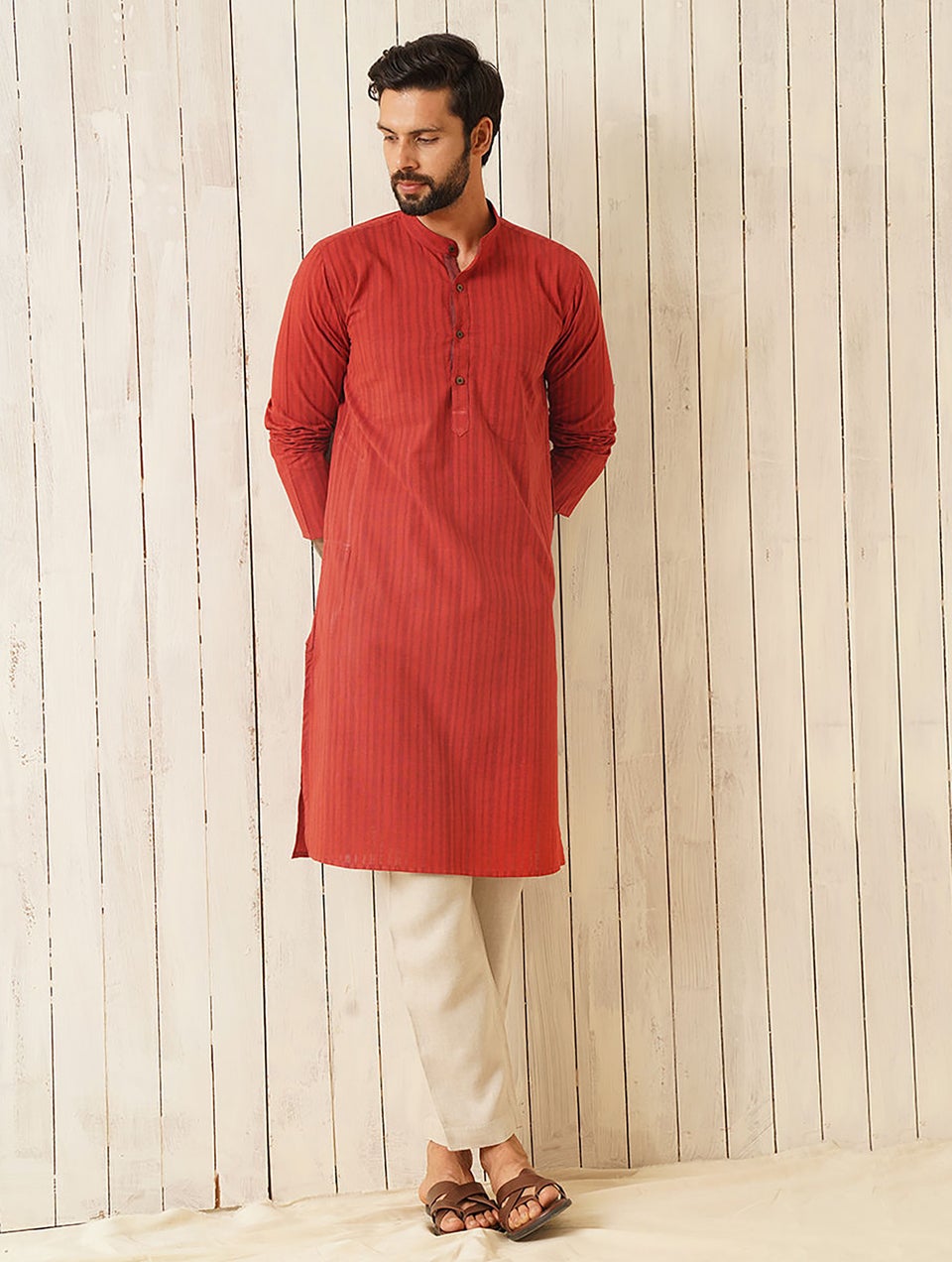 Men Red Cotton Mandarin Collar Regular Fit Kurta - 38