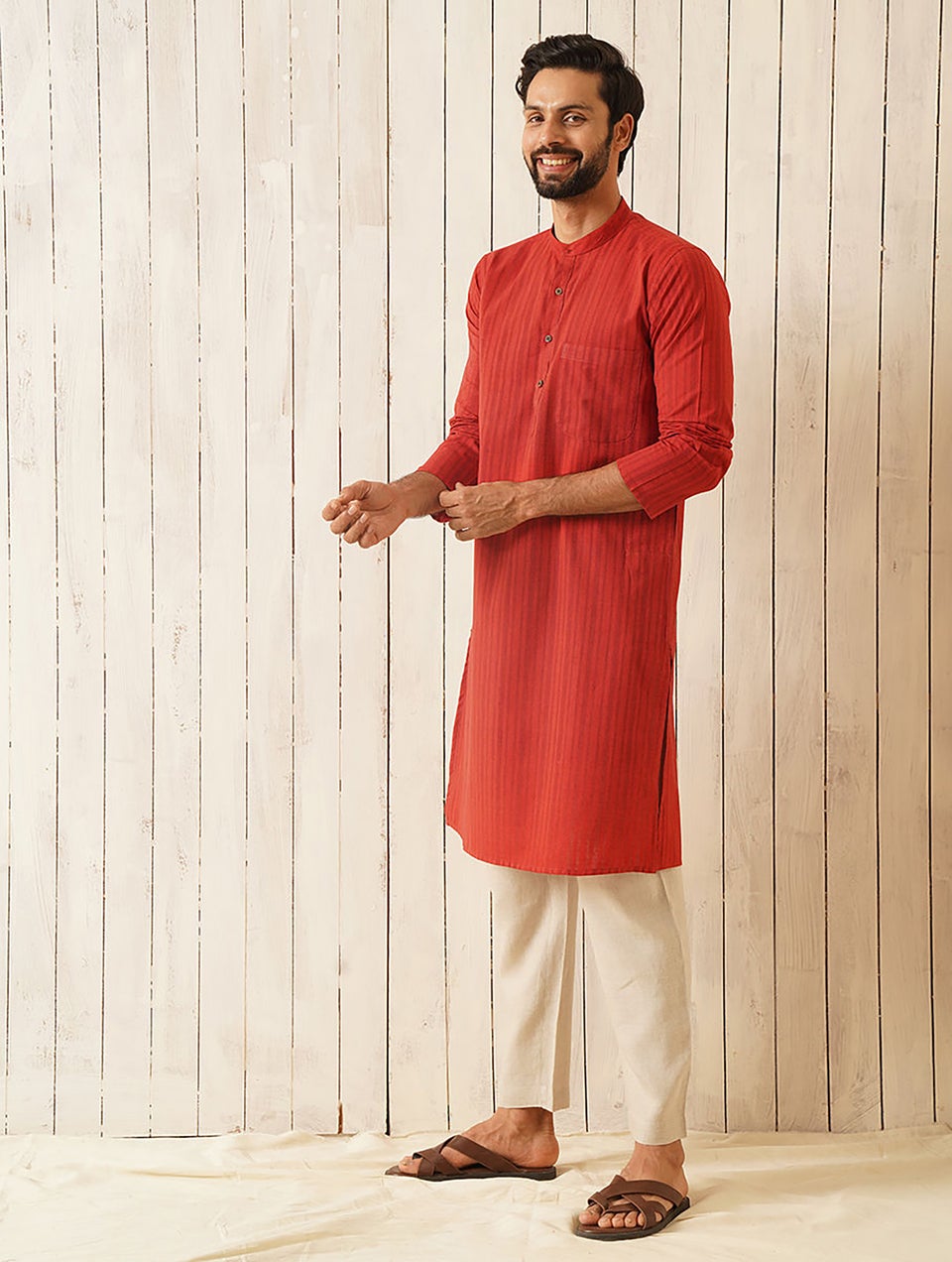 Men Red Cotton Mandarin Collar Regular Fit Kurta - 38