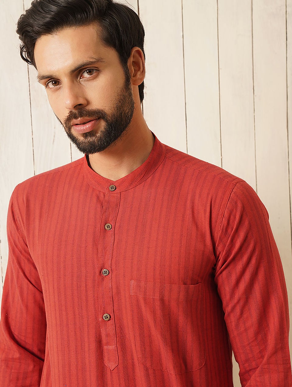 Men Red Cotton Mandarin Collar Regular Fit Kurta - 38