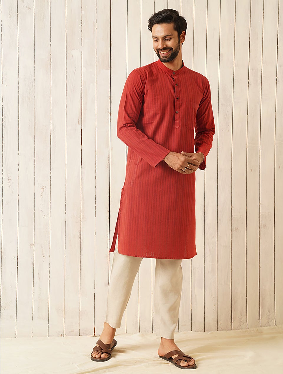 Men Red Cotton Mandarin Collar Regular Fit Kurta - 38