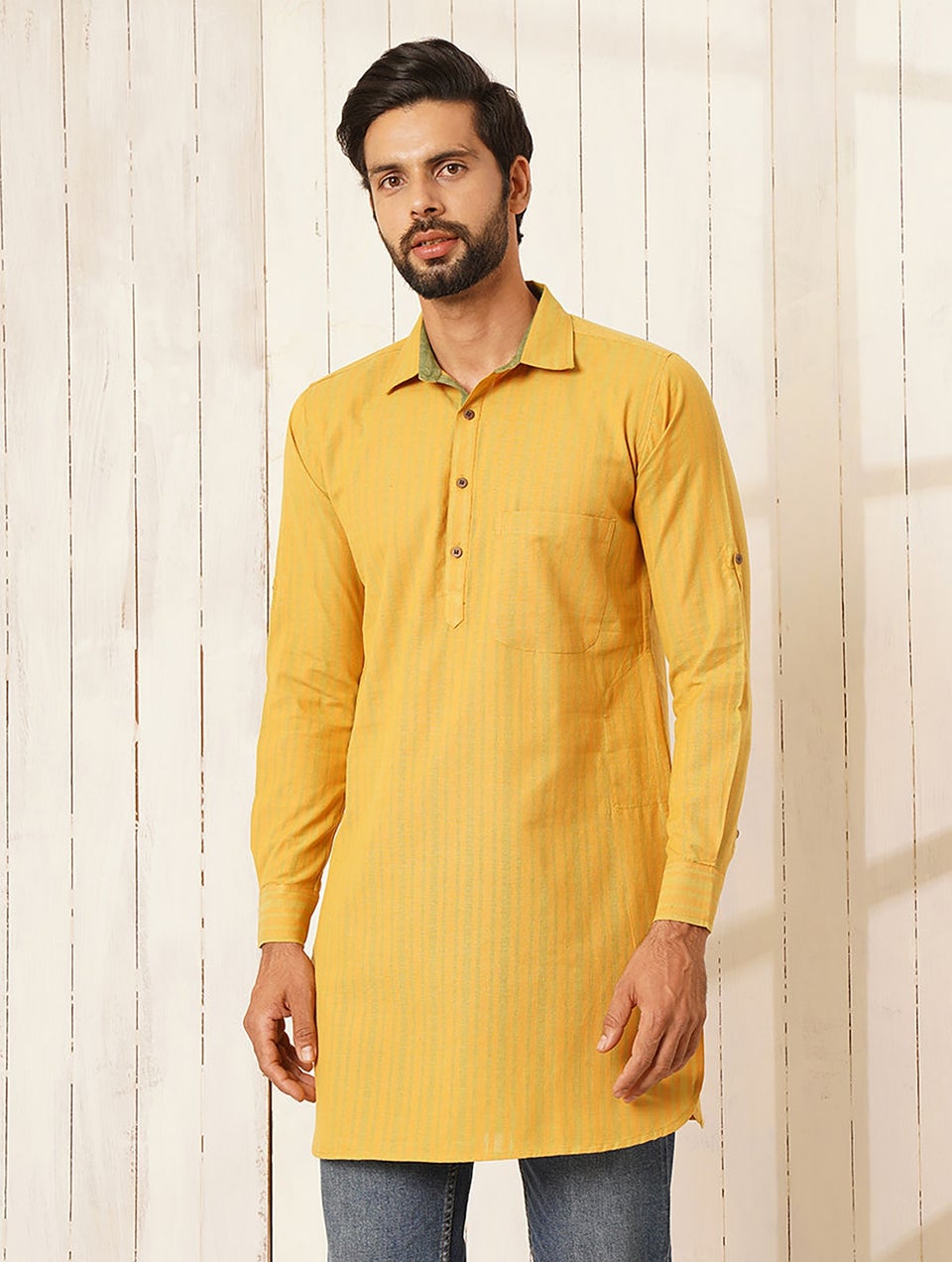 Men Mustard Yellow Cotton Shirt Collar Regular Fit Kurta - 44