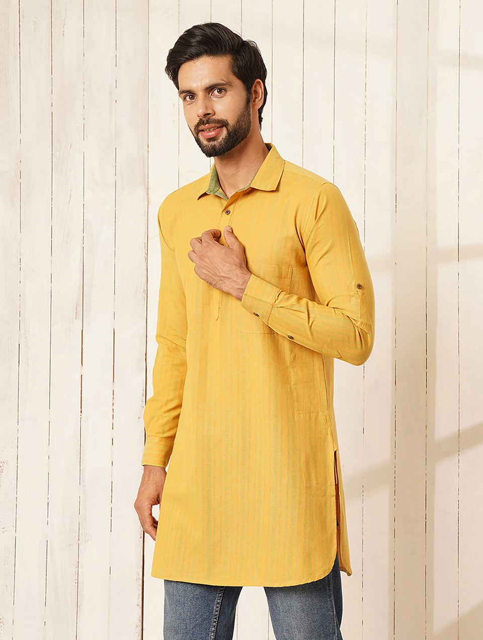 Men Mustard Yellow Cotton Shirt Collar Regular Fit Kurta - 44