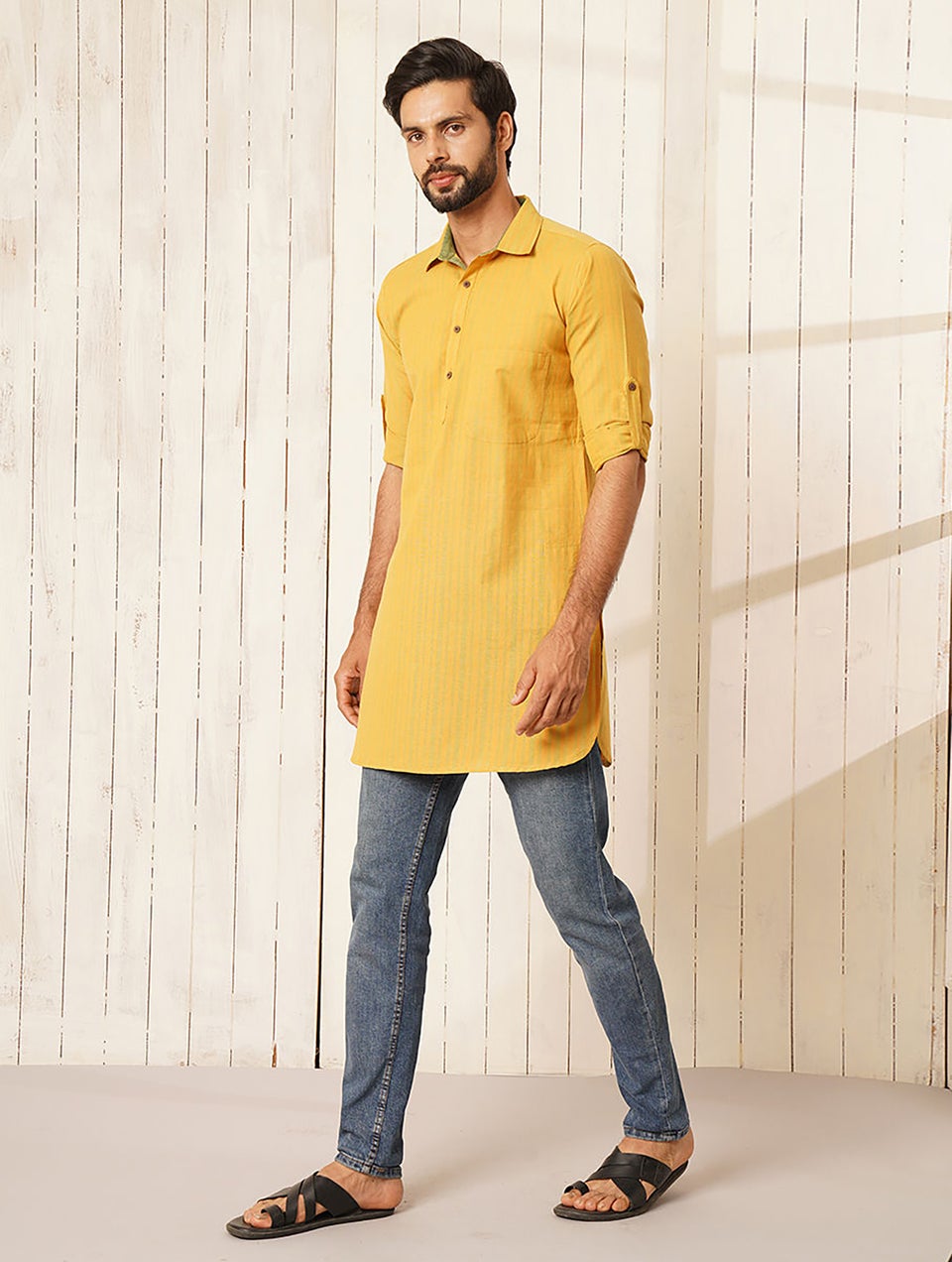Men Mustard Yellow Cotton Shirt Collar Regular Fit Kurta - 44