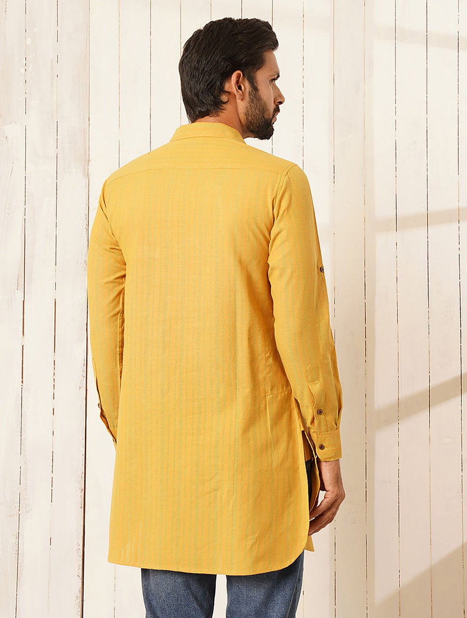Men Mustard Yellow Cotton Shirt Collar Regular Fit Kurta - 44