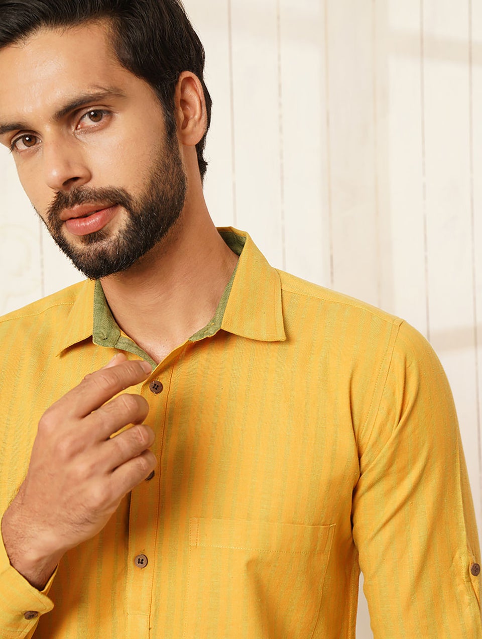Men Mustard Yellow Cotton Shirt Collar Regular Fit Kurta - 44