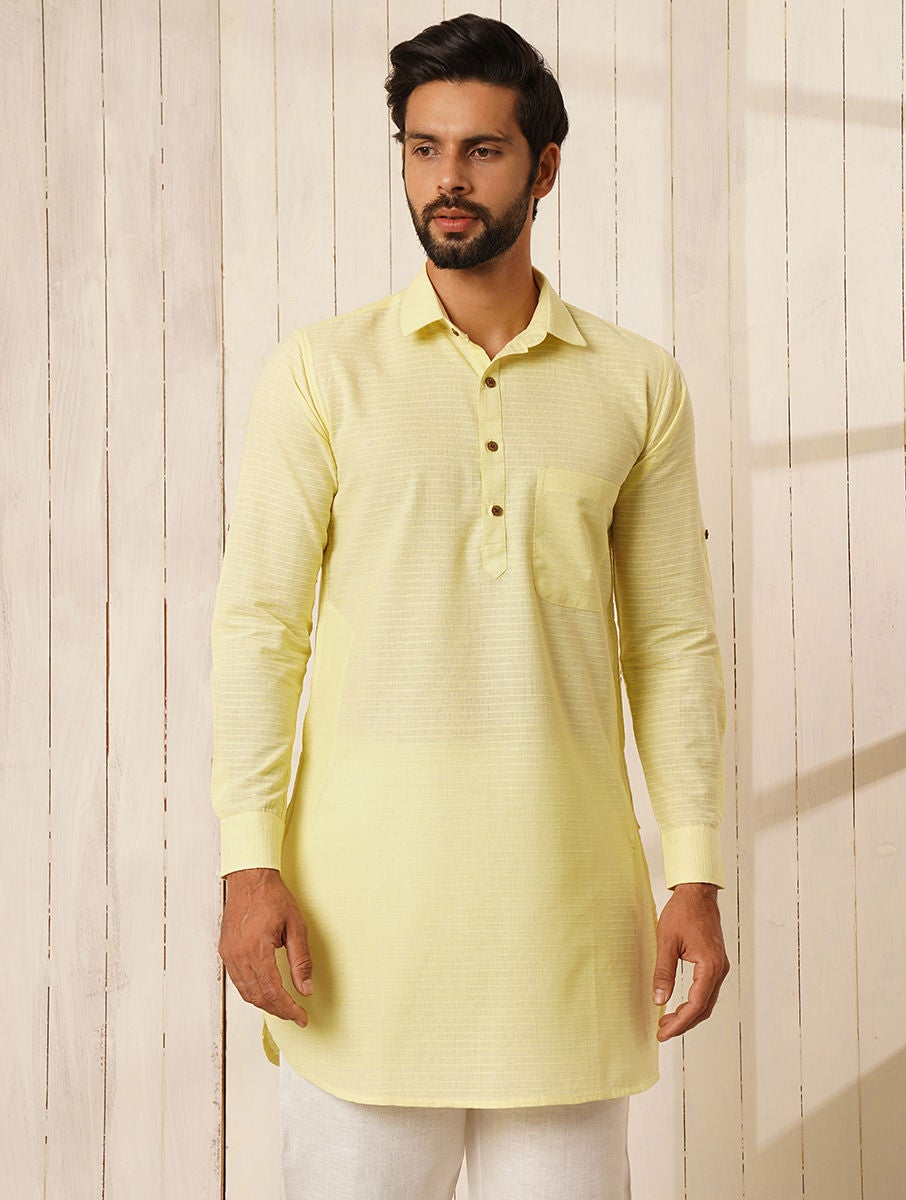 Men Lime Green Cotton Shirt Collar Regular Fit Kurta