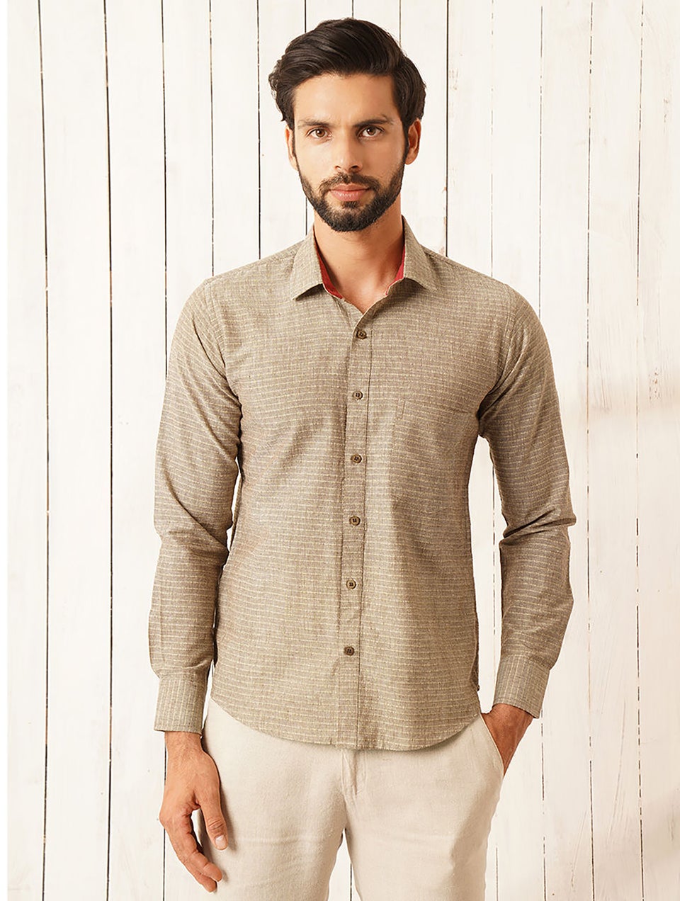 Brown Cotton Full Sleeve Shirt - 38