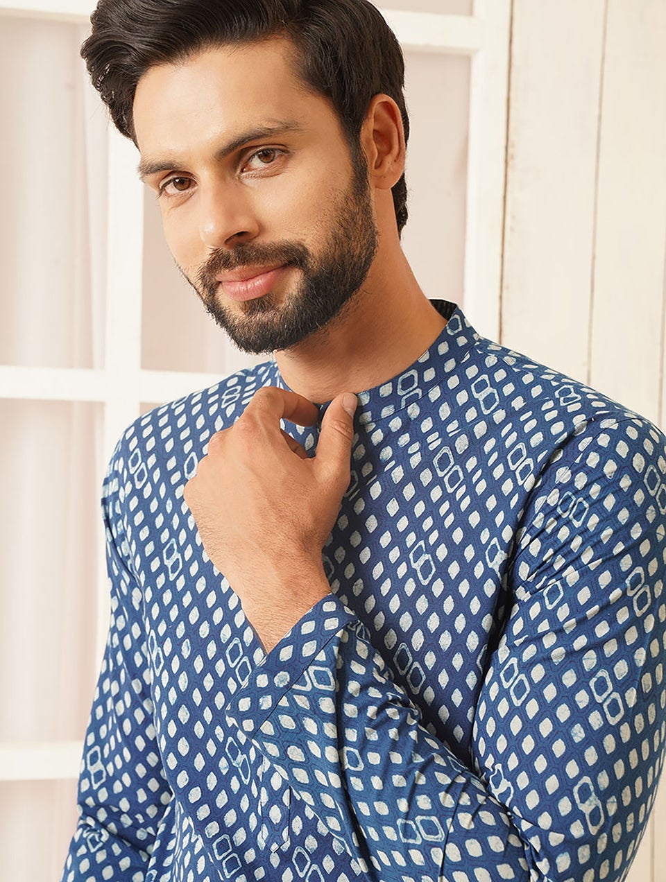 Men Blue Cotton Block Print Mandarin Collar Regular Fit Kurta - 40