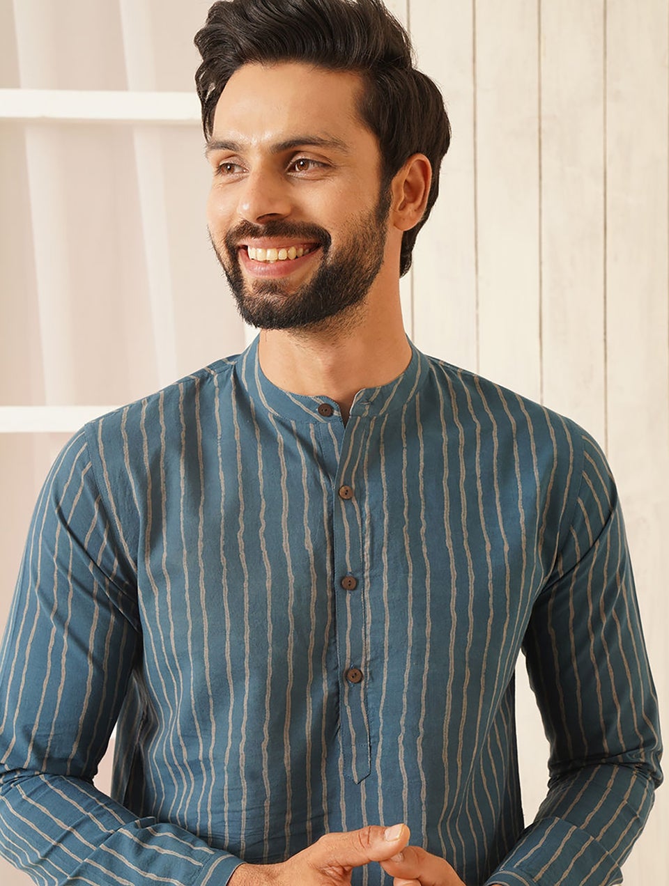 Men Blue Cotton Block Print Shirt Collar Regular Fit Kurta - 38