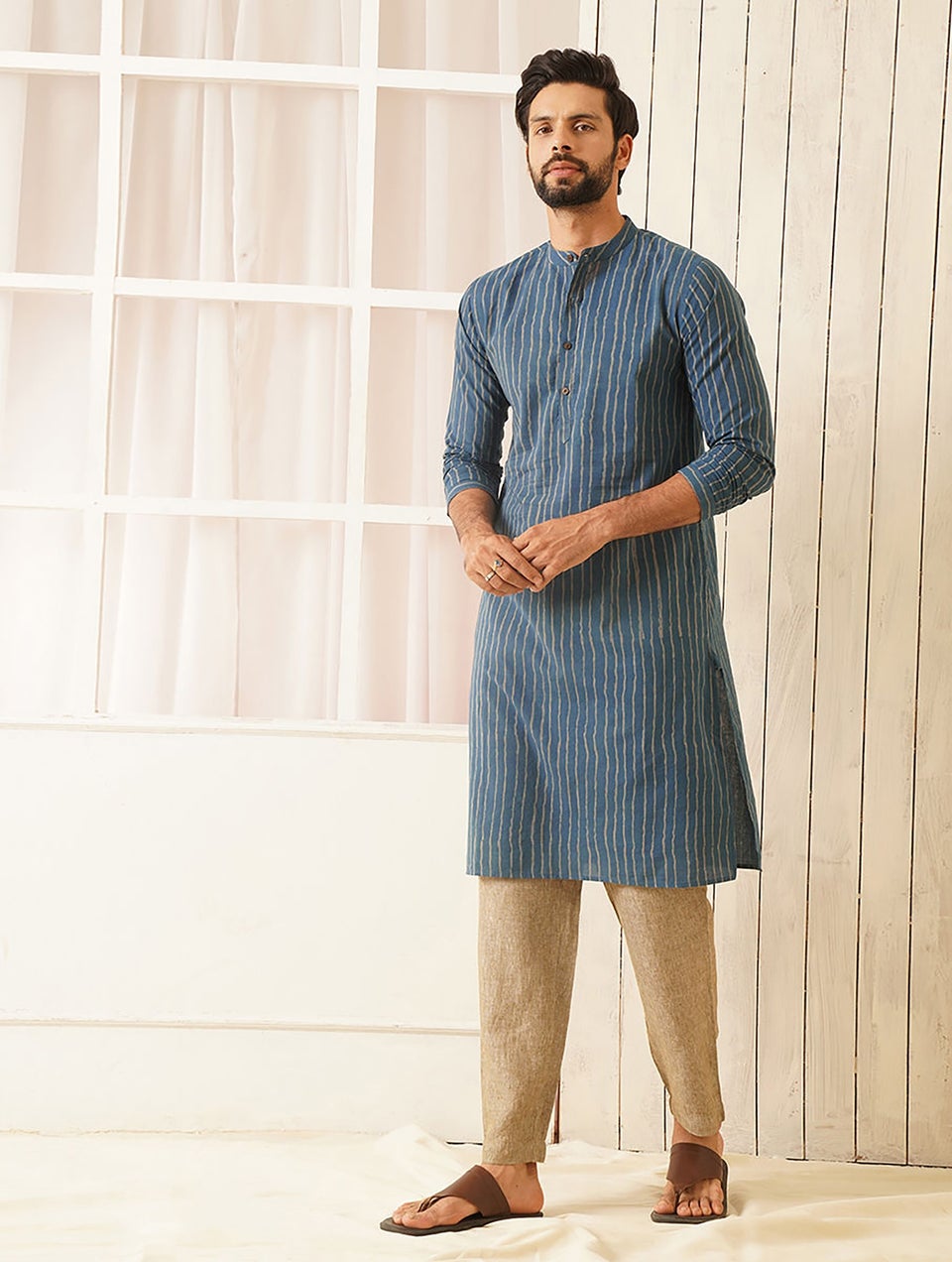 Men Blue Cotton Block Print Shirt Collar Regular Fit Kurta - 38