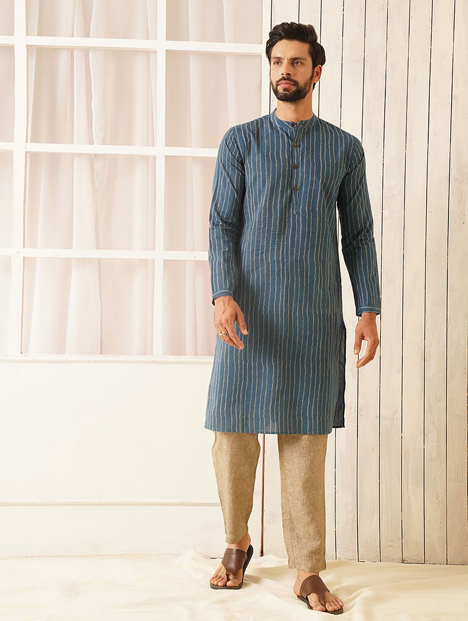 Men Blue Cotton Block Print Shirt Collar Regular Fit Kurta - 38