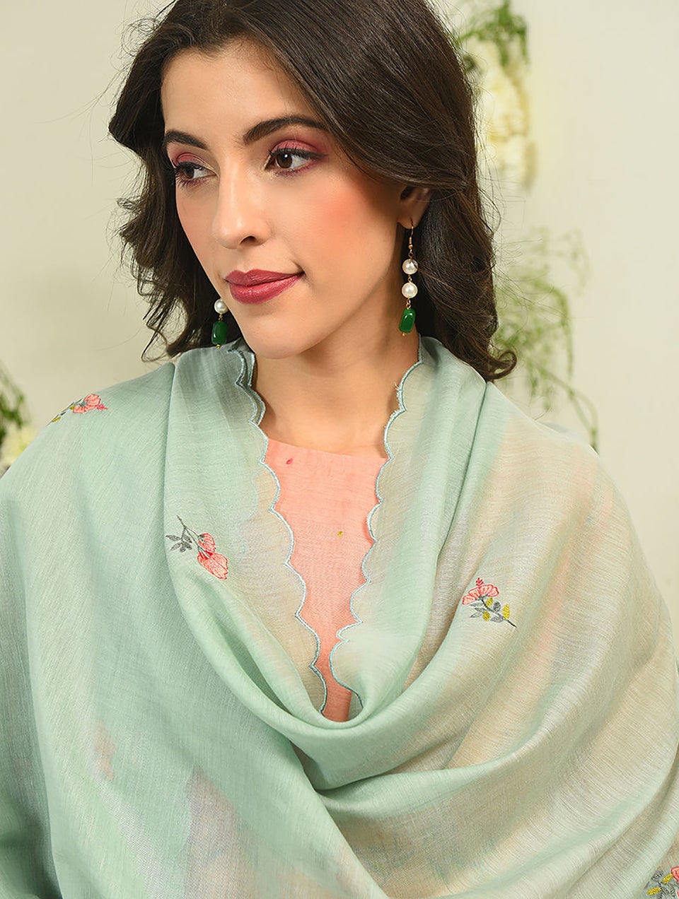 Women Green Embroidered Silk Cotton Dupatta