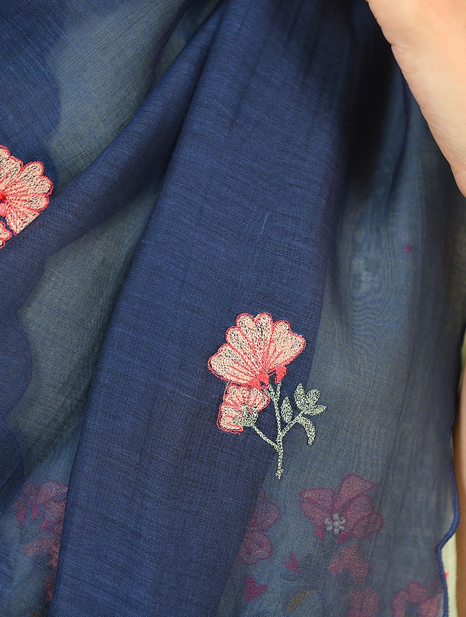 Women Blue Embroidered Silk Cotton Dupatta