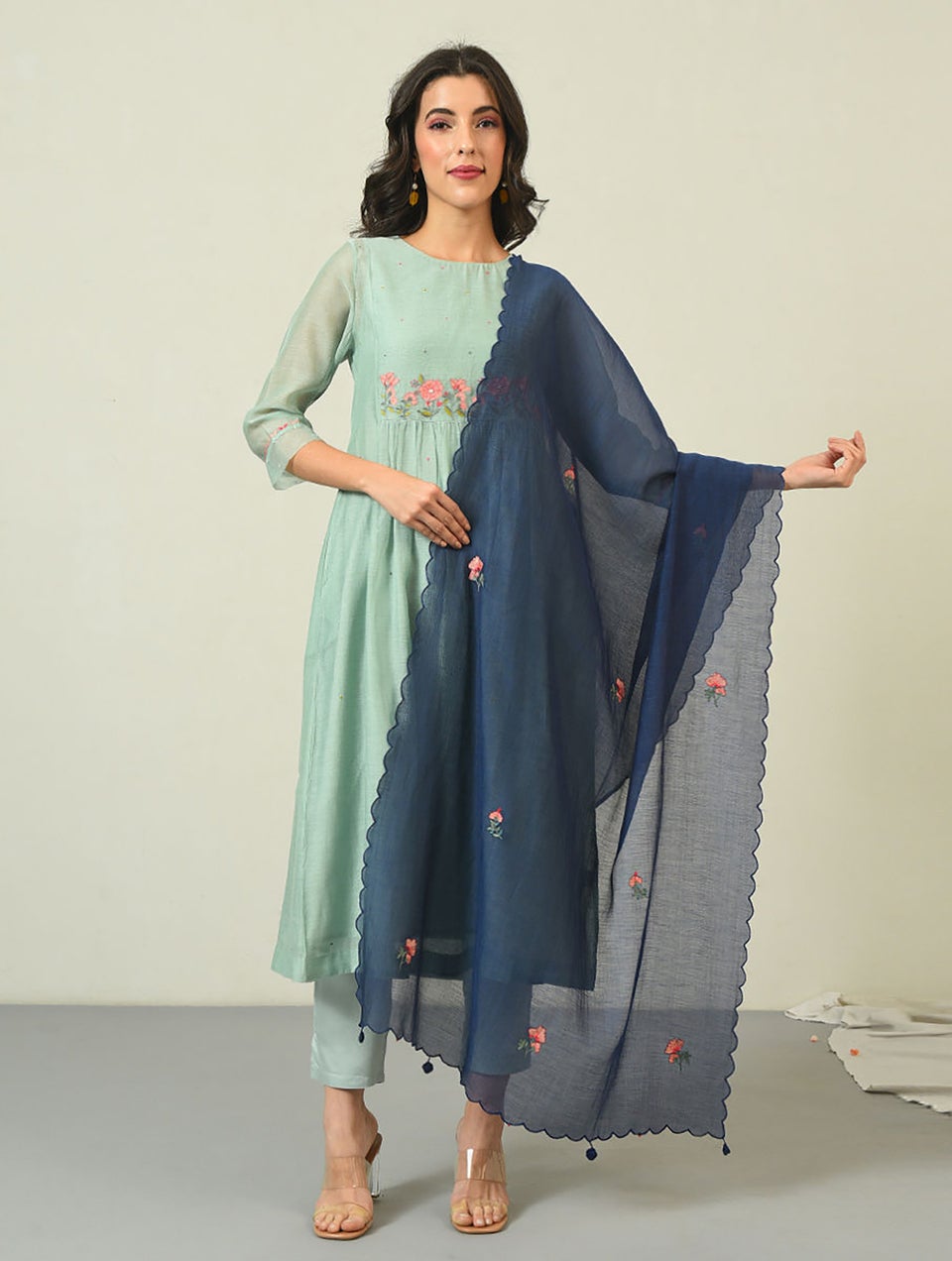 Women Blue Embroidered Silk Cotton Dupatta