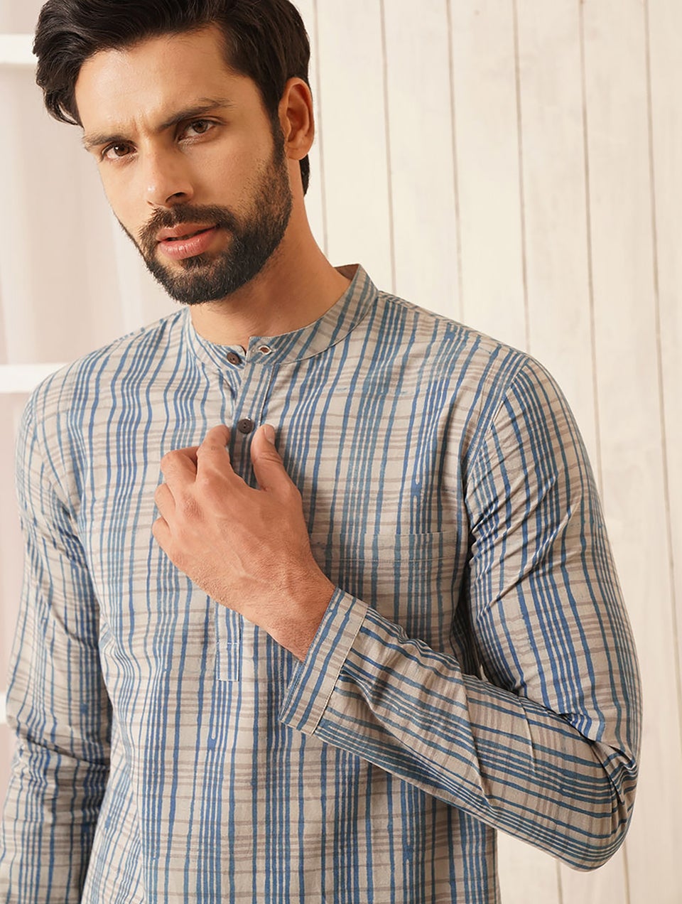 Men Blue Cotton Block Print Regular Fit Kurta - 38