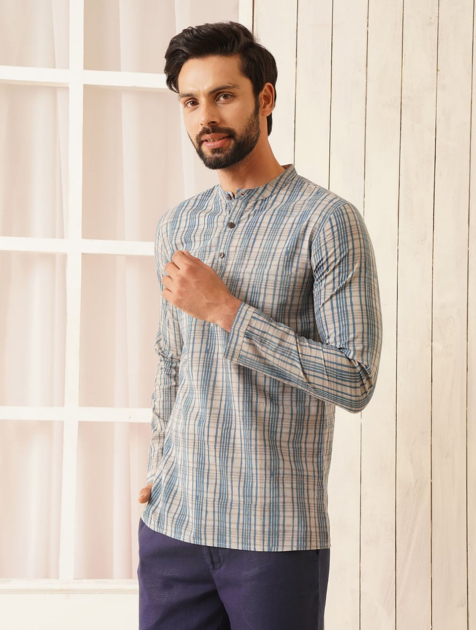 Men Blue Cotton Block Print Regular Fit Kurta - 38