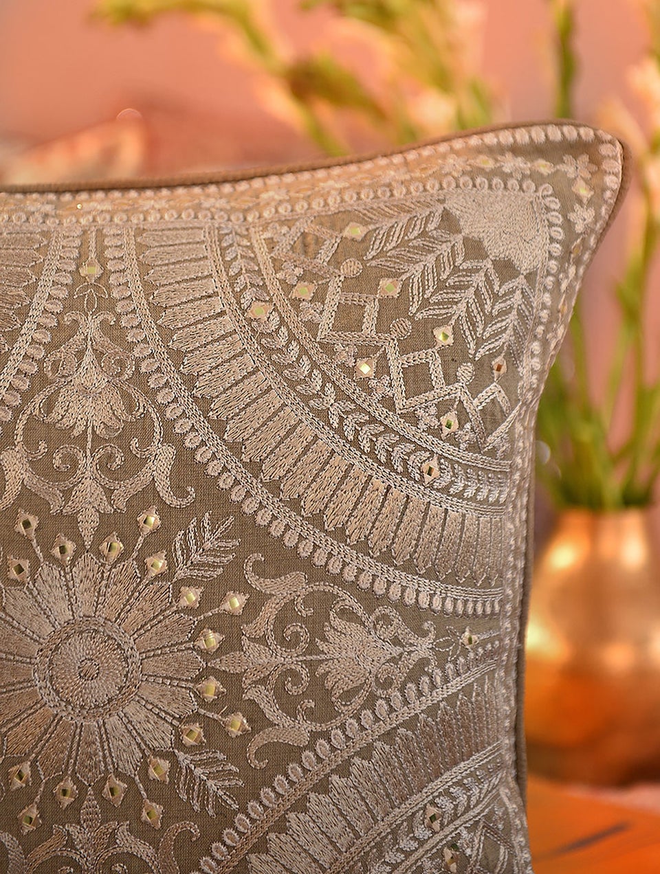 Grey Chanderi Embroidered Cushion Cover