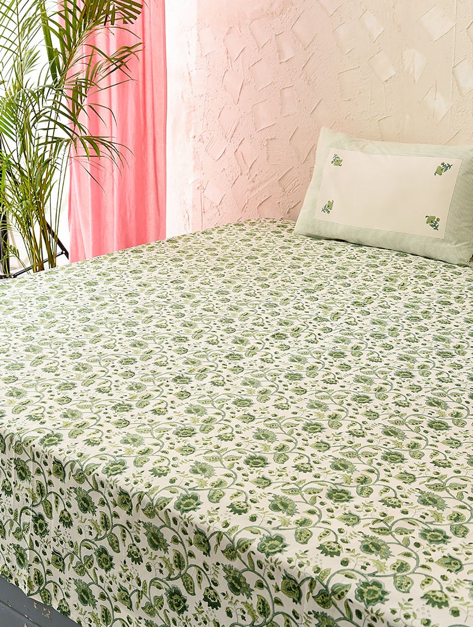 White And Green Handblock Printed Cotton Double Bedsheet With Pillow Covers