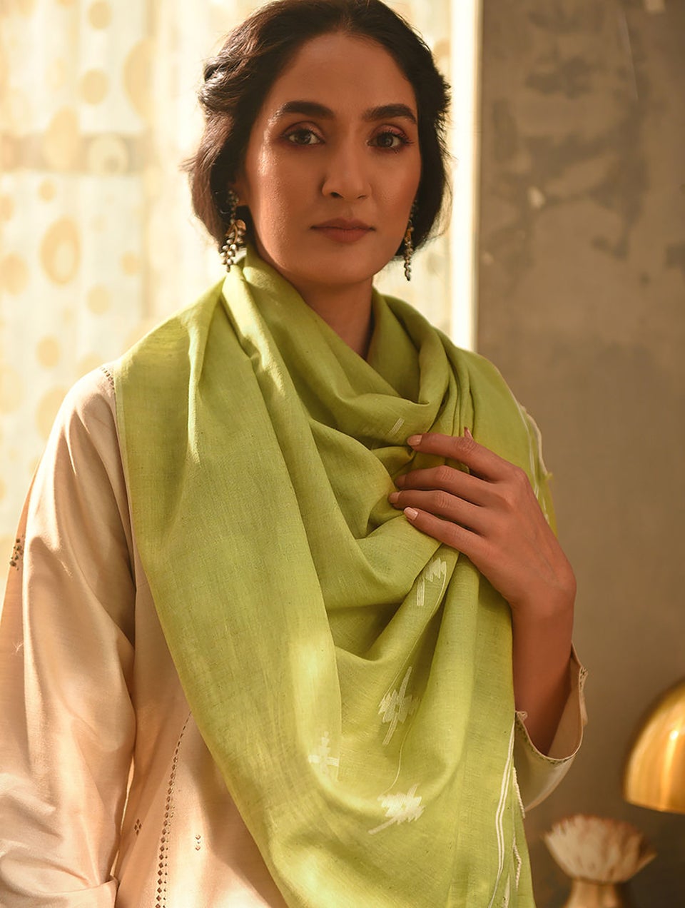 Women Pista Green Jamdani Handloom Cotton Dupatta